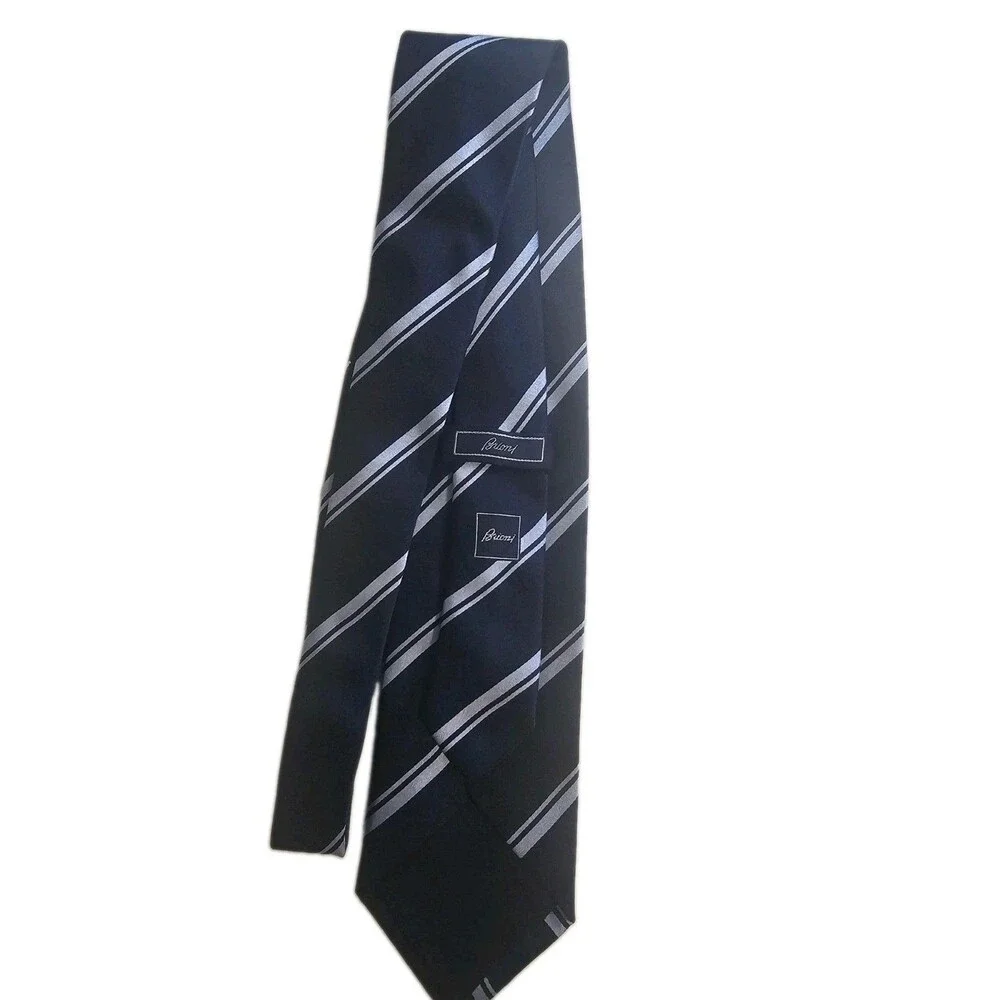 Brioni Italy 100% Silk Navy Silver Striped Regimental Neck Tie 3.5